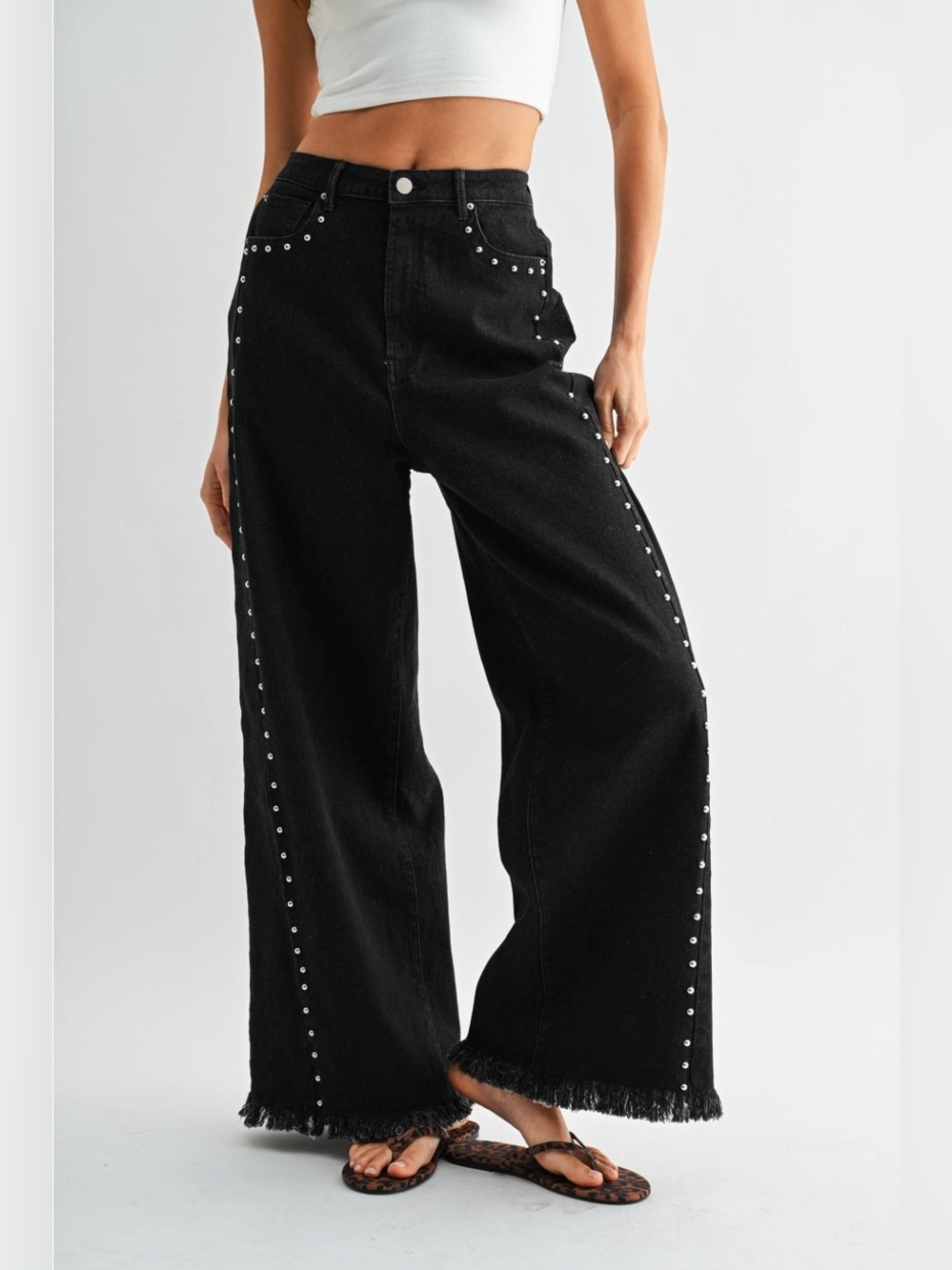 Studded Ultra Wide Leg Washed Jeans - Camellia